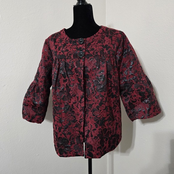 Studio 1940 Jackets & Blazers - Studio 1940 Jacket Womens 16W Red Floral Jacquard Lined 3/4 Sleeve Collarless